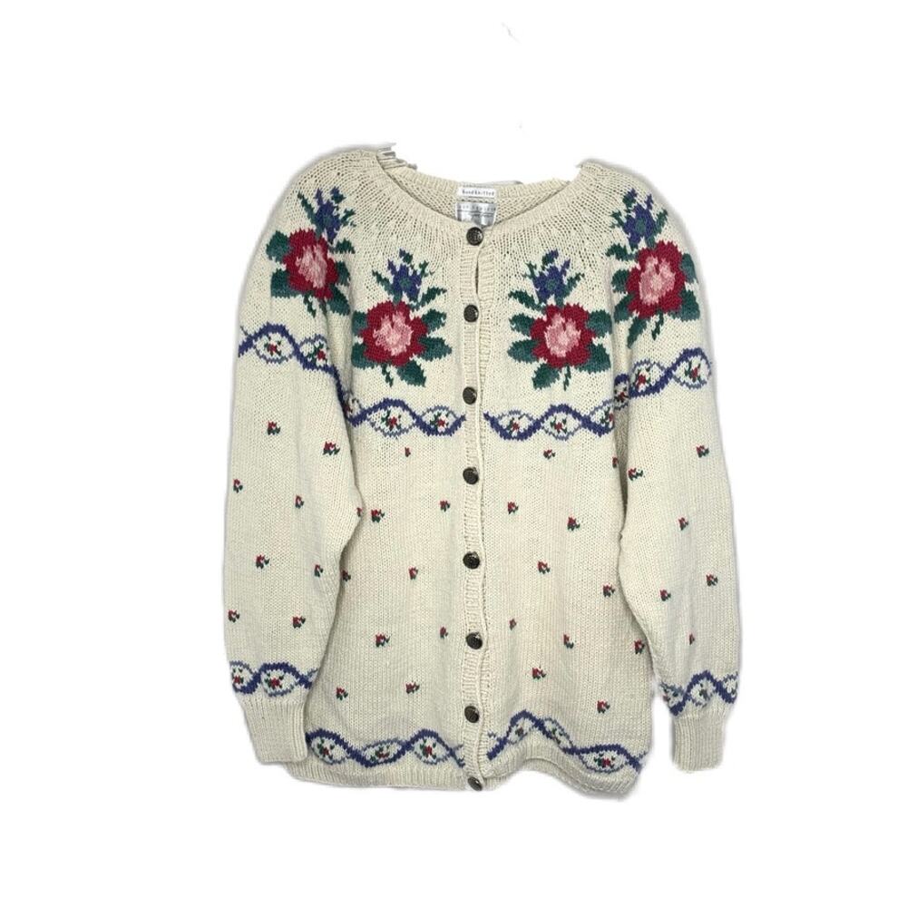90s Knitted Cozy Cottage Floral Oversized Sweater Large